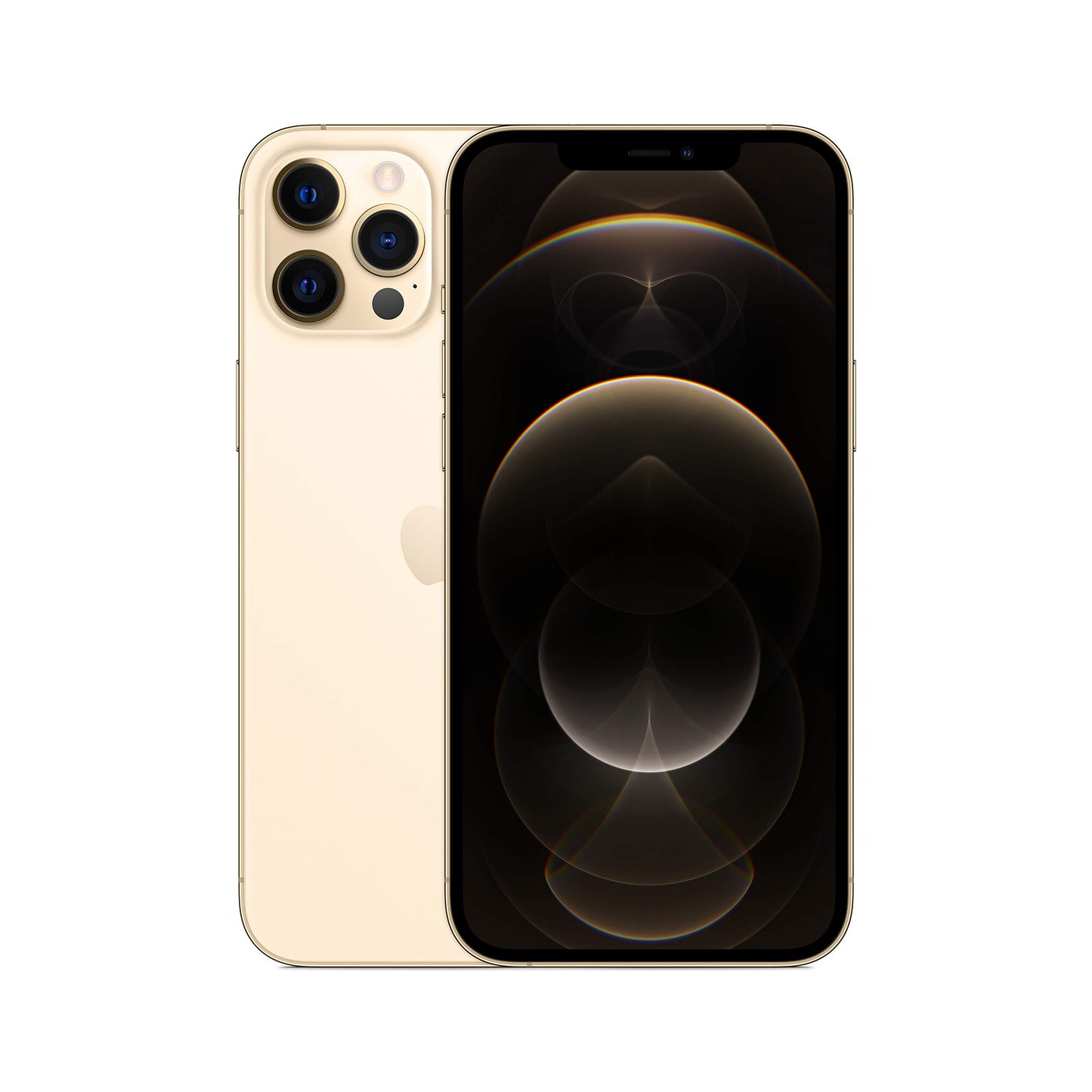 Gold iPhone 12 Pro Max showing back and front on a white background